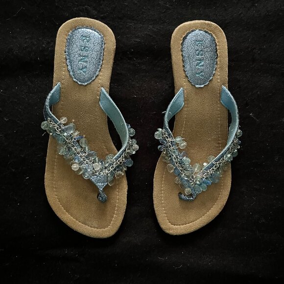 ESNY Shoes - ESNY Deep Celestial Blue Beaded Flip Flop Sandals w/’Cork’ Heel Size 8*